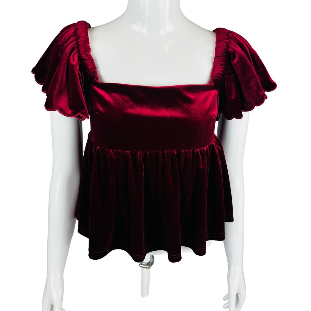 Altar'd State Womans Sz Small Blouse Smocked Velvet Ruffle Maroon‎ Square Neck